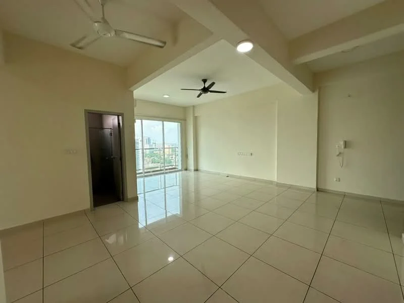 Living features: white painted walls, polished ceramic tile flooring, exposed beams on ceiling, 2 ceiling fans, floor-to-ceiling windows, sliding glass door, natural light from windows, city view from windows; style: modern; view: city.