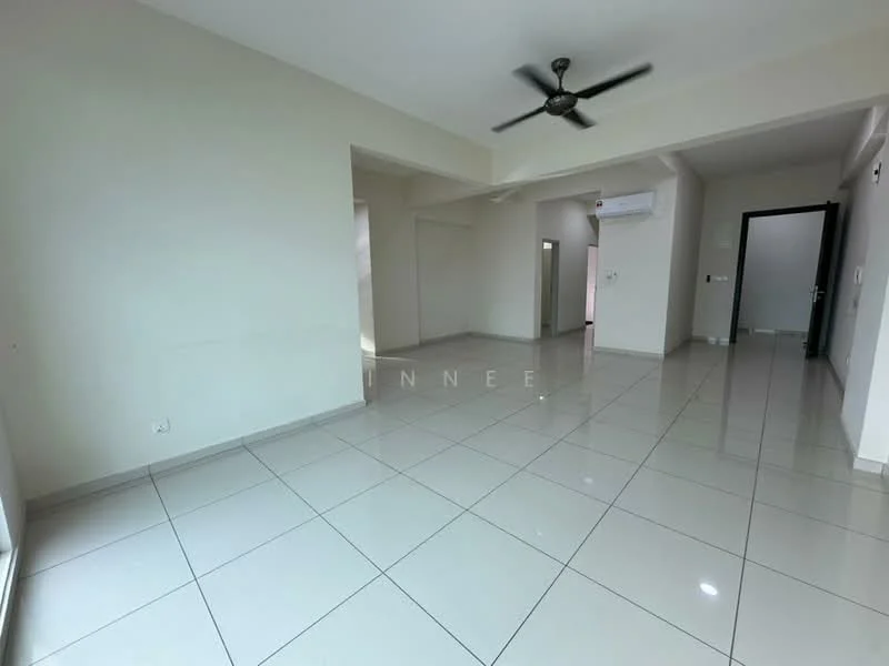 Living features: white painted walls, glossy ceramic tile flooring, 5-blade ceiling fan, wall-mounted split AC, large windows allowing natural light, neutral color scheme, open layout, no visible furniture; style: modern.