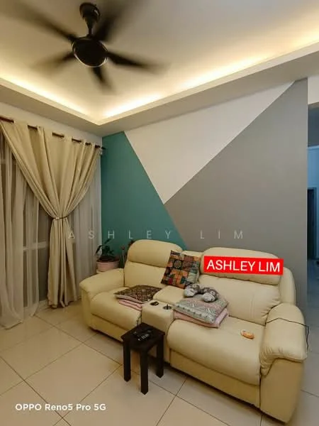 Living features: cream leather sofa, black side table, light-colored tiled flooring, white painted walls, blue accent wall, geometric wall design, floor-to-ceiling sheer curtains, recessed ceiling lights, 5-blade ceiling fan; style: modern.