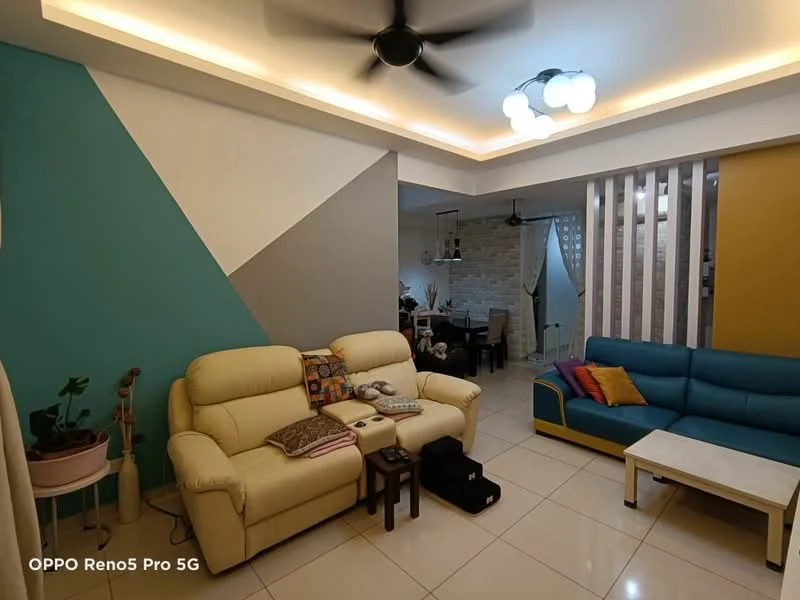 Living features: cream leather sofa, blue fabric sofa, white coffee table, ceiling fan, recessed LED lighting, decorative wall with geometric pattern, white tiled flooring, wall-mounted TV, potted plant, cushions on sofa; style: modern. Dining features: dining table with chairs, light-colored wall, wooden accents, open layout to living area; style: modern.