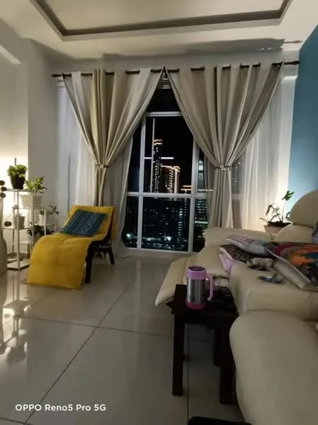 Living features: cream leather sofa, yellow throw blanket, wooden coffee table, floor-to-ceiling windows, sheer curtains, blackout curtains, decorative plants in pots, recessed ceiling lights, blue accent wall, tile flooring; style: modern; view: city.