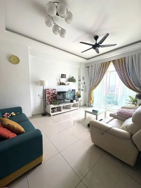 Living features: 3-seater fabric sofa in teal, 2-seater leather sofa in cream, coffee table, TV console, wall-mounted TV, floor-to-ceiling windows, sheer curtains, recessed downlights, 5-blade ceiling fan with light, decorative wall art, area rug, potted plants; style: modern; view: city.