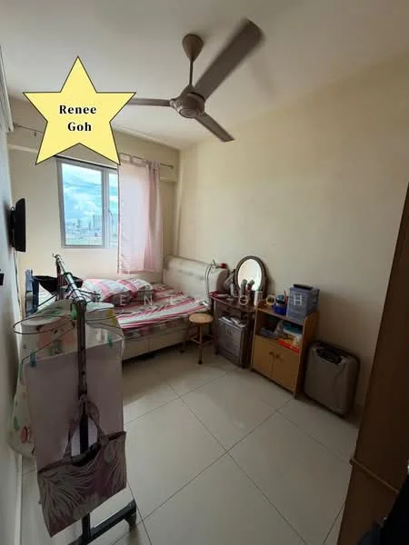 Bedroom features: single bed with bedding, wall-mounted TV, wooden bedside table, full-length mirror, clothing rack, window with sheer curtains, ceiling fan, light-colored painted walls, tiled flooring, storage cabinet; view: city.