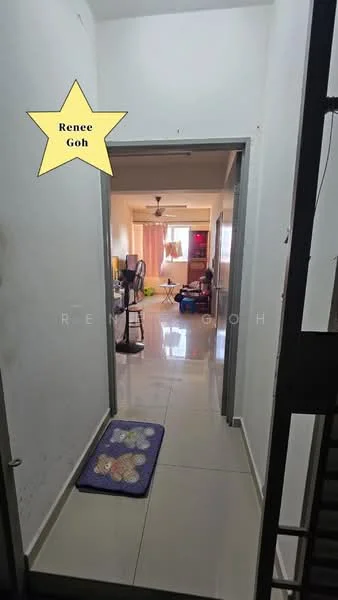 Room features: white painted walls, glossy ceramic tile flooring, ceiling fan, doorway leading to another room, light coming from adjacent room, mat at entrance.