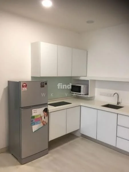 Kitchen features: white cabinetry, stainless-steel fridge, built-in microwave, single-bowl stainless-steel sink, chrome pull-down faucet, light-colored countertop, tile backsplash, laminate flooring, recessed downlights; style: modern.
