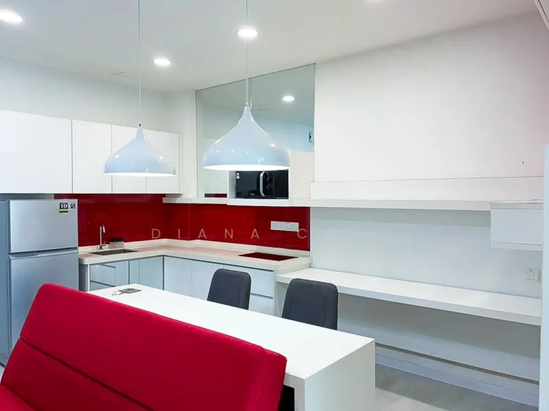 Kitchen features: white cabinetry, red backsplash, stainless-steel fridge, built-in oven, induction cooktop, white countertop, pendant lighting, bar seating area, open layout, wall-mounted microwave, grey upholstered dining chairs; style: modern.