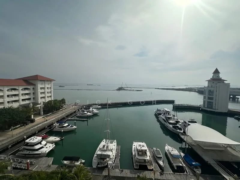 Exterior features: marina with multiple yachts, waterfront view, surrounding buildings, lighthouse structure, clear sky, sunlight reflection on water; style: contemporary.