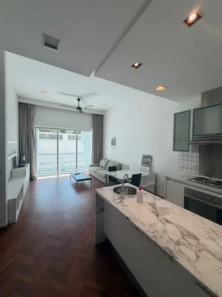 Living features: sofa, coffee table, TV console, floor-to-ceiling windows, sliding glass door, 5-blade ceiling fan with light, marble countertop, kitchen island, wooden flooring, white walls, curtains, recessed downlights; style: modern. Kitchen features: stainless-steel sink, chrome pull-down faucet, built-in oven, freestanding range oven, microwave, white cabinetry, tile backsplash; style: modern.