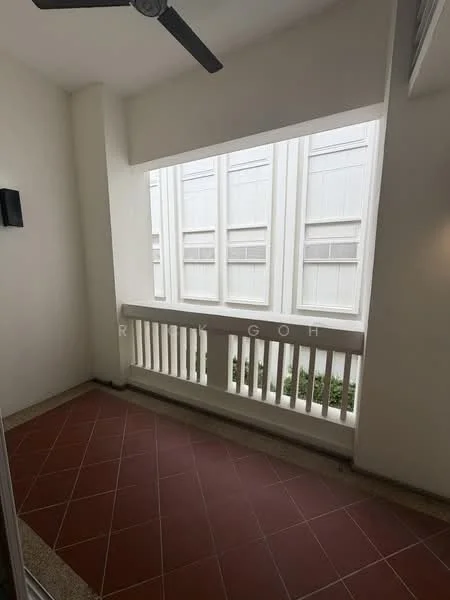 Room features: ceiling fan, white painted walls, tile flooring in terracotta color, large windows with white frames, balcony railing, view of greenery outside; style: modern; view: garden.