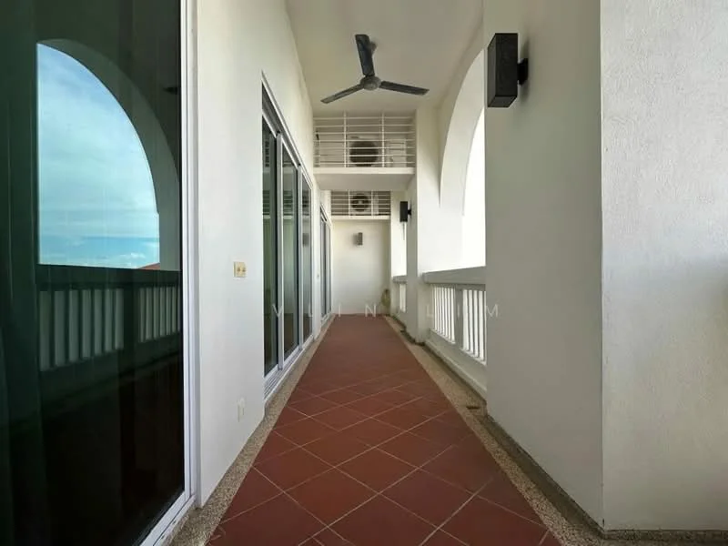 Room features: tiled flooring in terracotta color, white painted walls, arched windows, ceiling fan, balcony railing, glass sliding doors, exposed air conditioning unit, open corridor layout; style: modern.