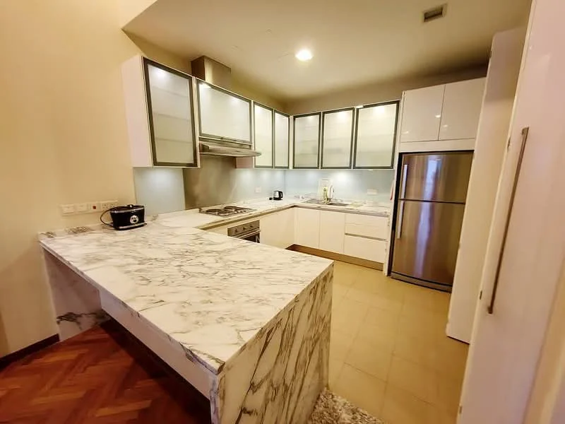 Kitchen features: marble countertop, stainless-steel range hood, built-in oven, freestanding range oven, stainless-steel fridge, white cabinetry with glass fronts, tile backsplash, parquet wood flooring, kitchen island with marble surface, under-cabinet lighting; style: modern.