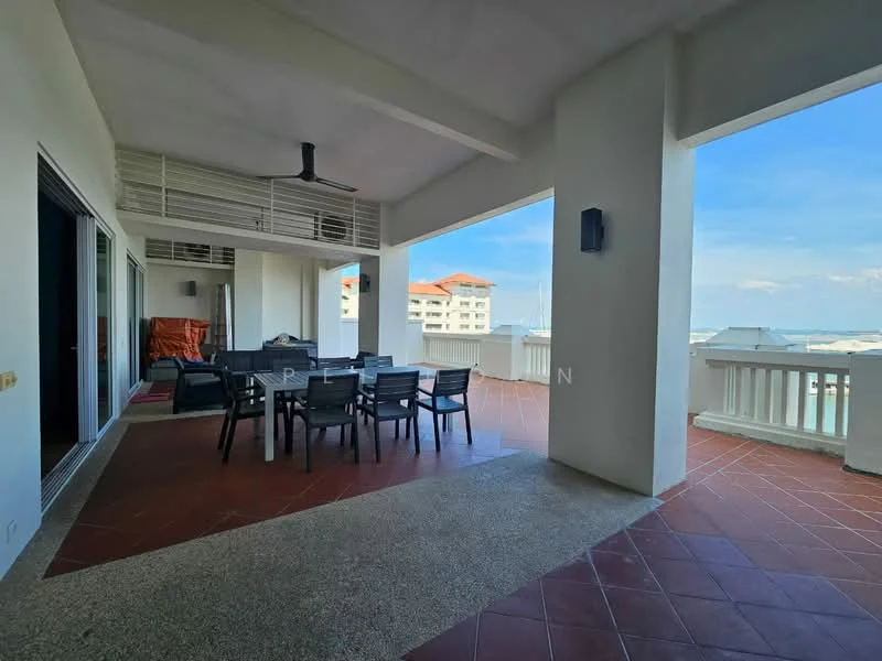 Balcony features: outdoor dining table with chairs, ceiling fan, terracotta tile flooring, white painted walls, partial sea view, overhead lighting fixture, open space, covered area; style: modern; view: sea.