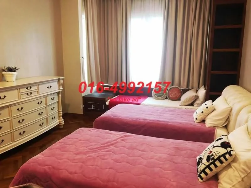 Bedroom features: two single beds with pink bedspreads, white upholstered headboard, wooden dresser with multiple drawers, large window with sheer curtains, wooden flooring, decorative pillows on beds, built-in shelving unit, neutral wall color; style: modern.