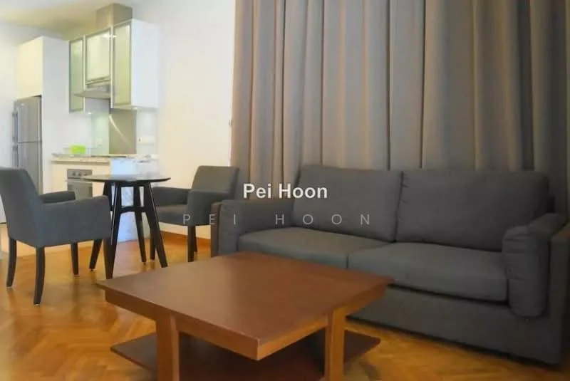 Living features: grey fabric sofa, wood coffee table, 4-seater dining table, grey upholstered dining chairs, parquet wood flooring, white walls, floor-to-ceiling curtains, kitchen area visible in background with stainless-steel appliances; style: modern.