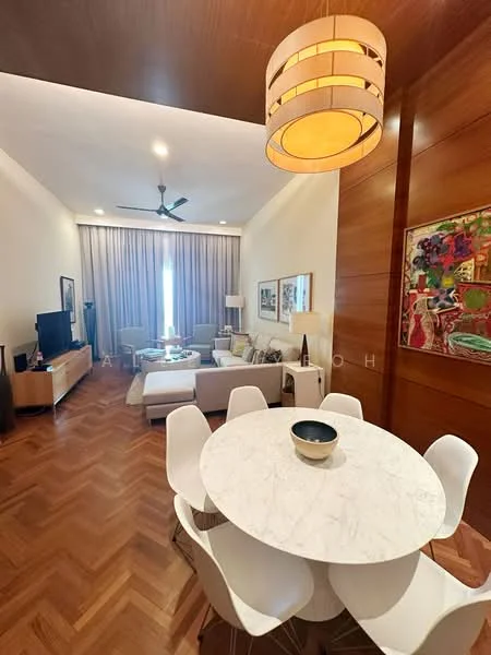 Living features: wooden herringbone flooring, cream painted walls, recessed downlights, 5-blade ceiling fan, large windows with sheer curtains, sofa set in light color, coffee table, TV console, wall-mounted TV, decorative artwork on wall, area rug, dining table with marble top, white dining chairs; style: modern.