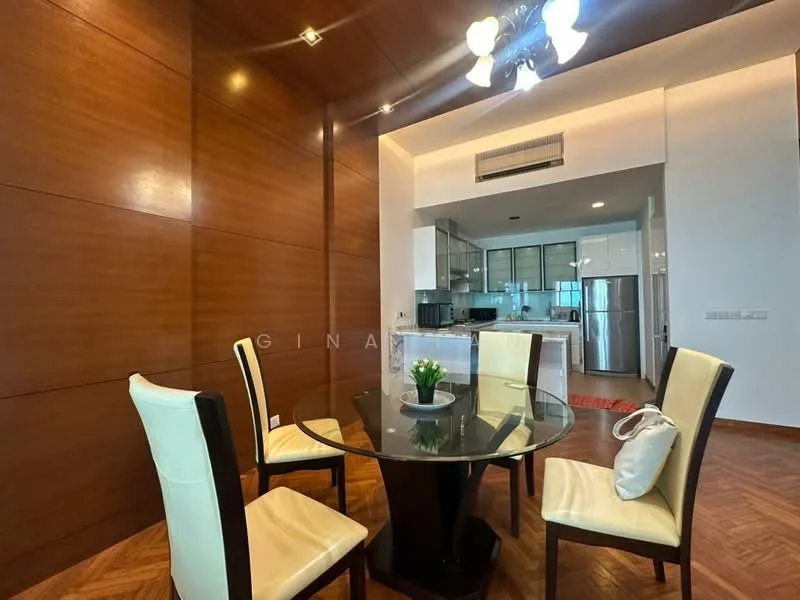 Dining features: round glass dining table, 4 upholstered dining chairs in cream, wood panelled walls, recessed ceiling lights, ceiling fan with light, wooden flooring, open-plan layout to kitchen, decorative plant on table; style: modern. Kitchen features: stainless-steel fridge, built-in oven, glass-front upper cabinets, white lower cabinets, black countertop, kitchen island, open layout to dining area; style: modern.