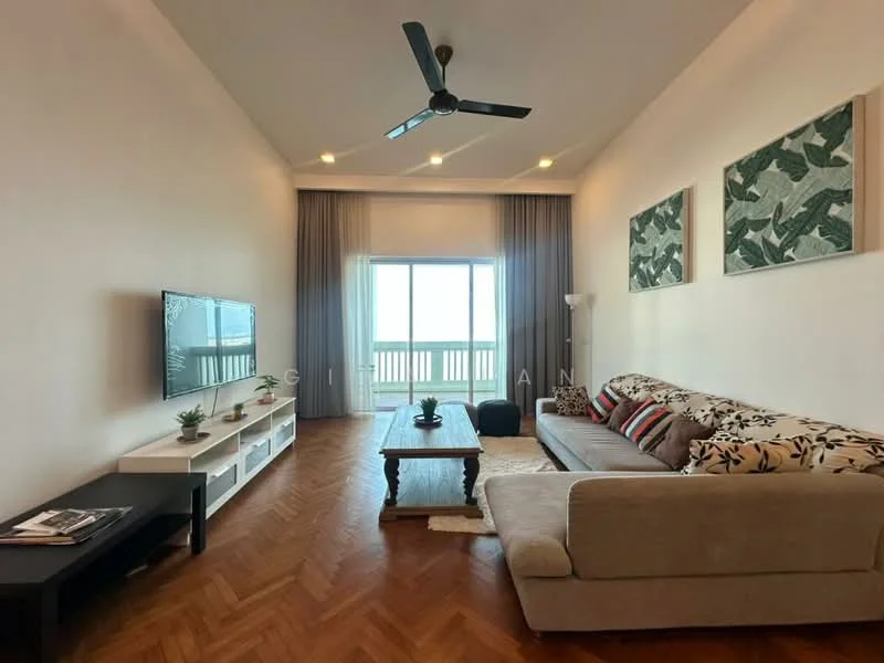 Living features: 3-seater fabric sofa in light grey, 2-seater fabric sofa in beige, coffee table in wood, TV console in white, wall-mounted TV, floor-to-ceiling windows, curtains in grey, decorative wall art with green patterns, wooden herringbone flooring, ceiling fan with light, area rug, potted plants; style: modern; view: city.