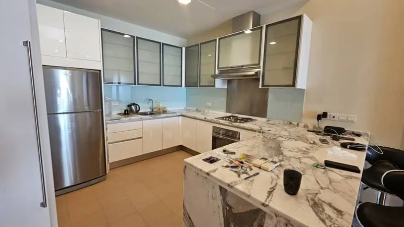 Kitchen features: stainless-steel fridge, built-in oven, 4-burner gas hob, stainless-steel range hood, marble countertop, white shaker cabinets, glass-front upper cabinets, tile backsplash in light blue, single-bowl stainless-steel sink, chrome pull-down faucet, bar seating with black stools, under-cabinet lighting, ceramic tile flooring; style: modern.