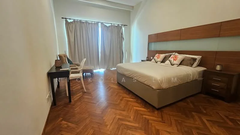 Bedroom features: king-size bed with upholstered headboard, decorative pillows, wooden bedside tables, table lamp, study desk, chair, herringbone patterned wooden flooring, floor-to-ceiling windows with sheer curtains, light-colored painted walls, wall-mounted headboard with glass panel; style: modern.