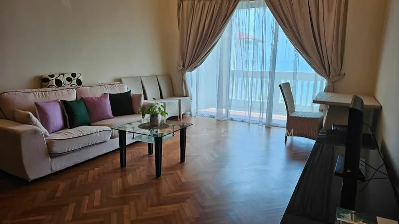 Living features: 3-seater fabric sofa in beige, decorative cushions in green and purple, glass coffee table, wooden TV console, parquet wood flooring, floor-to-ceiling sliding glass door, sheer curtains, wall-mounted TV, area rug; style: modern; view: city.