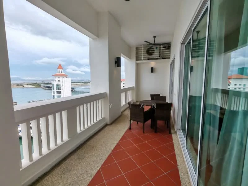 Balcony features: floor-to-ceiling windows, sliding glass door, outdoor dining table, 4 wicker chairs, ceiling fan, terracotta tile flooring, white painted walls, view of the sea, view of the city skyline; style: modern; view: sea.