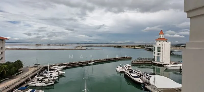 Exterior features: marina with multiple yachts, waterfront view, tower with red roof, pier extending into water, cloudy sky, landscape in background; style: modern.