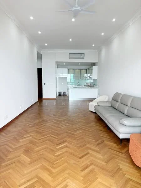 Living features: parquet wood flooring, white painted walls, recessed downlights, 5-blade ceiling fan, large windows, sofa in grey, orange accent chair, open layout to kitchen, air conditioning unit; style: modern. Kitchen features: kitchen island, stainless-steel appliances, white cabinetry, glass backsplash, open shelving; style: modern.