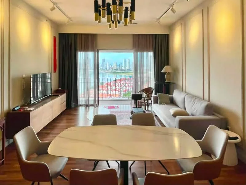 Living features: light wood flooring, white painted walls, recessed downlights, floor-to-ceiling windows, sliding glass door, grey fabric sofa, coffee table, TV console, wall-mounted TV, decorative lamp, area rug with geometric pattern, dining table with marble top, upholstered dining chairs, curtains, city skyline view; style: modern; view: city.