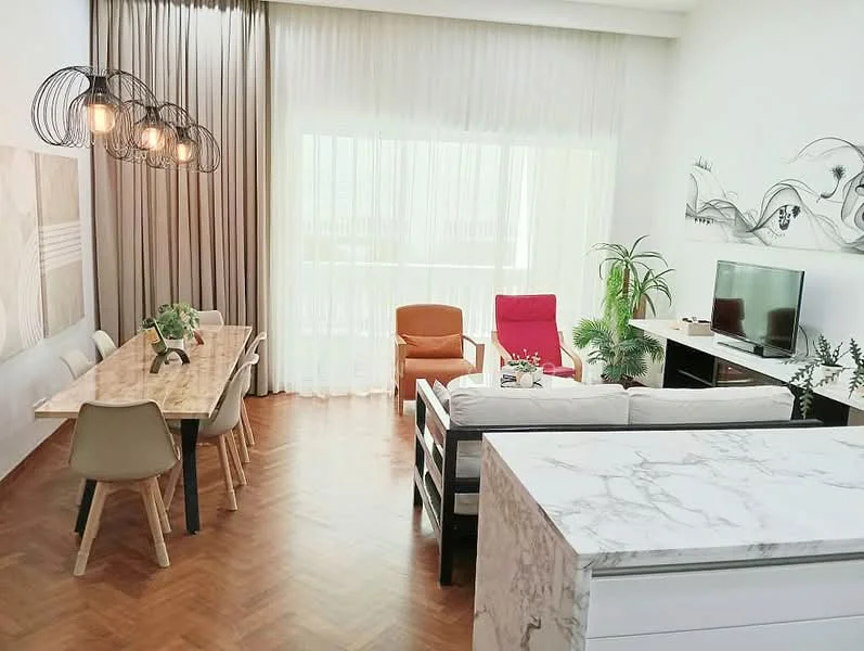 Living features: parquet wood flooring, white painted walls, floor-to-ceiling windows with sheer curtains, 5-blade ceiling fan with light, L-shape sectional sofa in white fabric, coffee table, wall-mounted TV, decorative wall art, indoor plants, 2 accent chairs in orange and red, dining table with 6 chairs, marble countertop on side cabinet; style: modern; view: city.