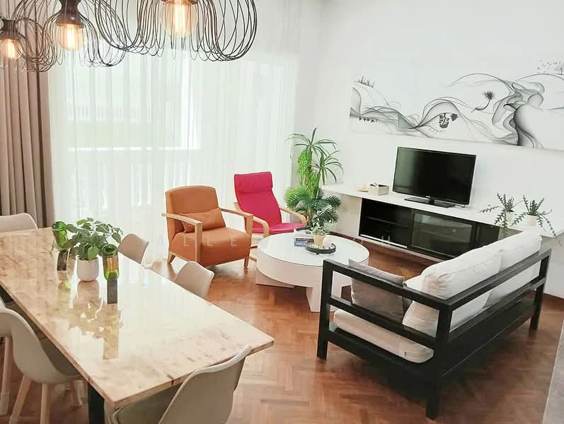 Living features: sofa in white fabric, 2-seater sofa, coffee table in white, TV console in black, wall-mounted TV, pendant light fixture, floor-to-ceiling windows with sheer curtains, decorative plants, wooden flooring in herringbone pattern, artwork on wall; style: modern. Dining features: dining table with marble top, 6 dining chairs in light fabric, decorative plants on table; style: modern.