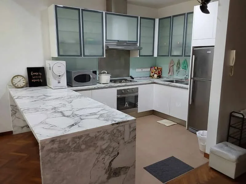Kitchen features: marble countertop, stainless-steel sink, chrome pull-down faucet, built-in oven, freestanding range oven, microwave, stainless-steel fridge, glass-front upper cabinets, flat-panel white cabinets, tile backsplash, wooden flooring, recessed downlights; style: modern.