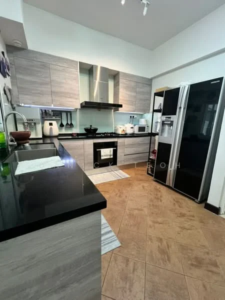 Kitchen features: grey laminate cabinetry, black granite countertop, stainless-steel double-bowl sink, chrome pull-down faucet, built-in oven, freestanding range oven, stainless-steel fridge, ceramic tile flooring, recessed downlights, wall-mounted kitchen hood, kitchen island, open shelving, white backsplash, kitchen utensils on countertop, dishwasher; style: modern.