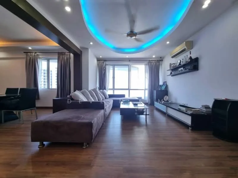Living features: 3-seater fabric sofa in grey, coffee table, TV console, wall-mounted TV, wooden flooring, recessed downlights, ceiling fan, decorative wall shelf, floor-to-ceiling windows, sheer curtains, LED strip lighting in ceiling, area rug; style: modern; view: city.