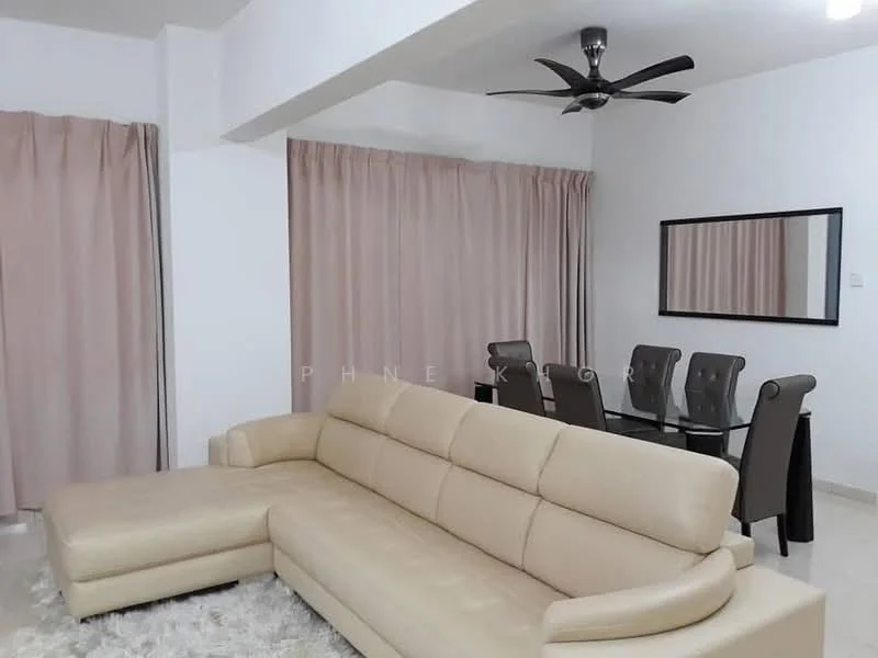 Living features: 3-seater leather sofa in beige, area rug with fluffy texture, floor-to-ceiling windows with sheer curtains, 5-blade ceiling fan with light, wall-mounted mirror, dining table with 6 upholstered chairs, light-colored walls, neutral tile flooring; style: modern.