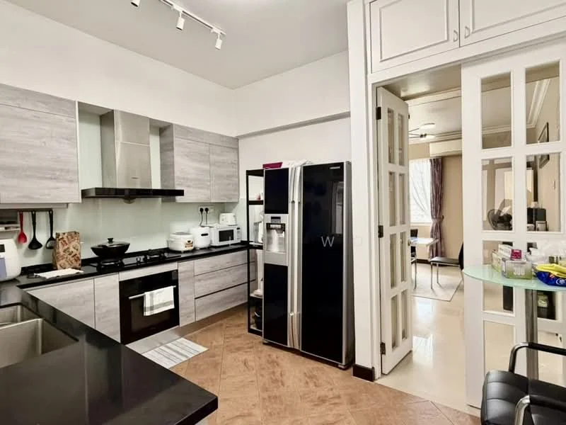 Kitchen features: grey laminate cabinetry, black granite countertop, stainless-steel double-bowl sink, chrome pull-down faucet, built-in oven, freestanding refrigerator, ceramic tile flooring, recessed downlights, wall-mounted microwave, kitchen island with seating, open shelving, window with sheer curtains; style: modern. Dining features: glass dining table, upholstered dining chairs, decorative centerpiece; style: modern.