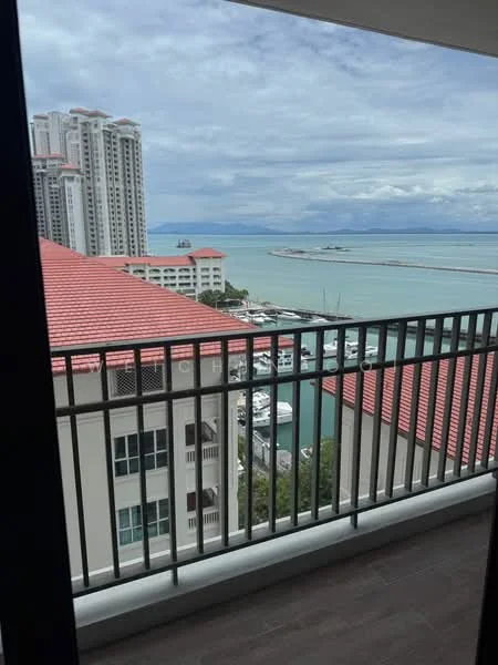 Room features: balcony with railing, sea view, city skyline view, marina view, grey flooring, overcast sky; style: modern; view: sea.