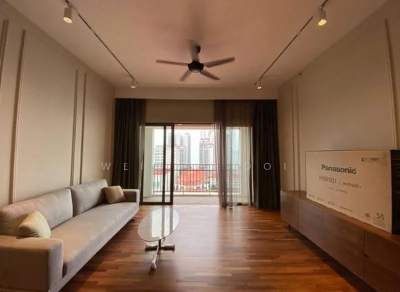 Living features: 3-seater fabric sofa in light grey, coffee table with glass top, wooden flooring, 5-blade ceiling fan with light, floor-to-ceiling windows, sheer curtains, TV console, decorative wall paneling; style: modern; view: city.