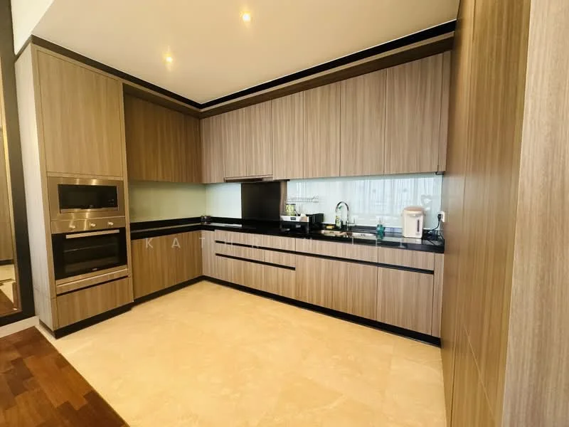 Kitchen features: wood cabinetry with horizontal grain, black granite countertop, built-in oven, microwave oven, stainless-steel sink, chrome pull-down faucet, glass backsplash, recessed downlights, tile flooring, open shelving, integrated appliances; style: modern.