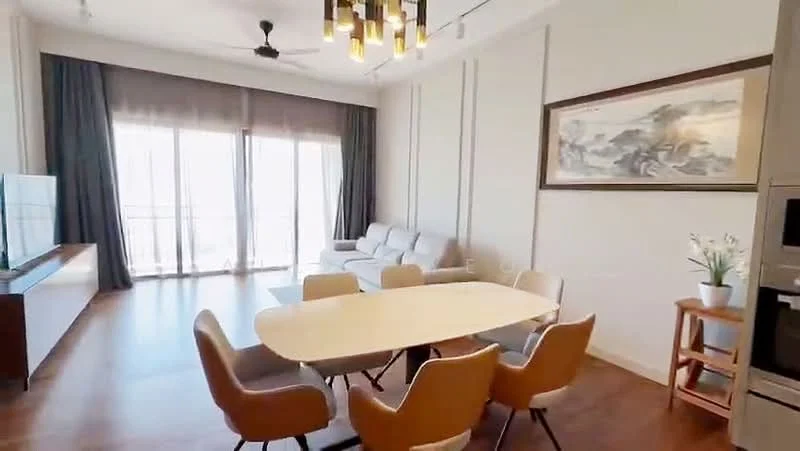 Living features: 3-seater fabric sofa in light grey, coffee table, TV console, wall-mounted TV, dining table with 6 chairs, ceiling fan with light, floor-to-ceiling windows, curtains, wooden flooring, decorative artwork on wall; style: modern; view: city.