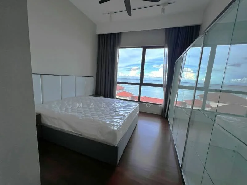 Bedroom features: king-size bed, upholstered headboard, floor-to-ceiling windows, grey curtains, wood flooring, ceiling fan, glass wardrobe, sea view; style: modern; view: sea.