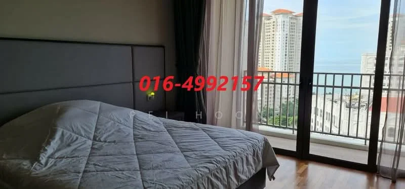Bedroom features: king-size bed, upholstered headboard, floor-to-ceiling windows, curtains, wooden flooring, balcony access, city view, decorative wall, nightstand, bedside lamp; style: modern; view: sea.
