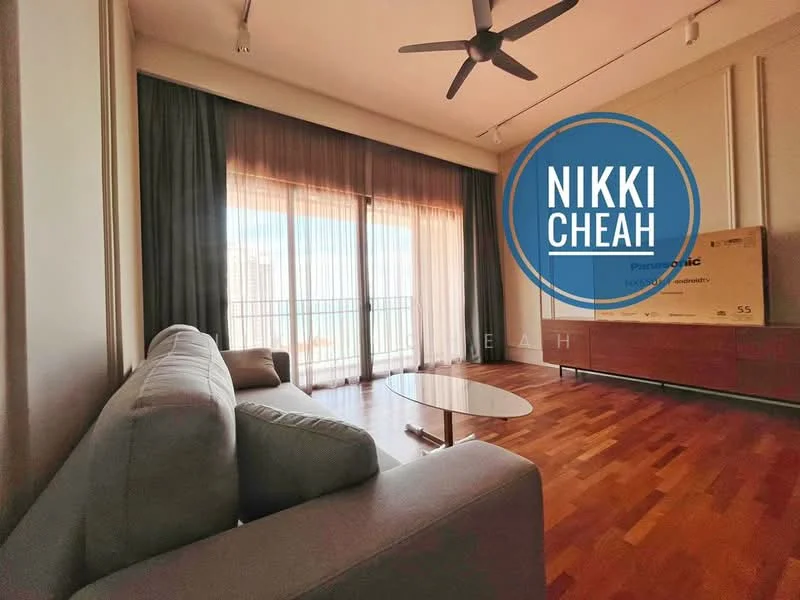 Living features: 3-seater fabric sofa in grey, coffee table, wood flooring, floor-to-ceiling windows, sheer curtains, 5-blade ceiling fan, TV console, decorative wall panel, wooden cabinetry; style: modern; view: city.