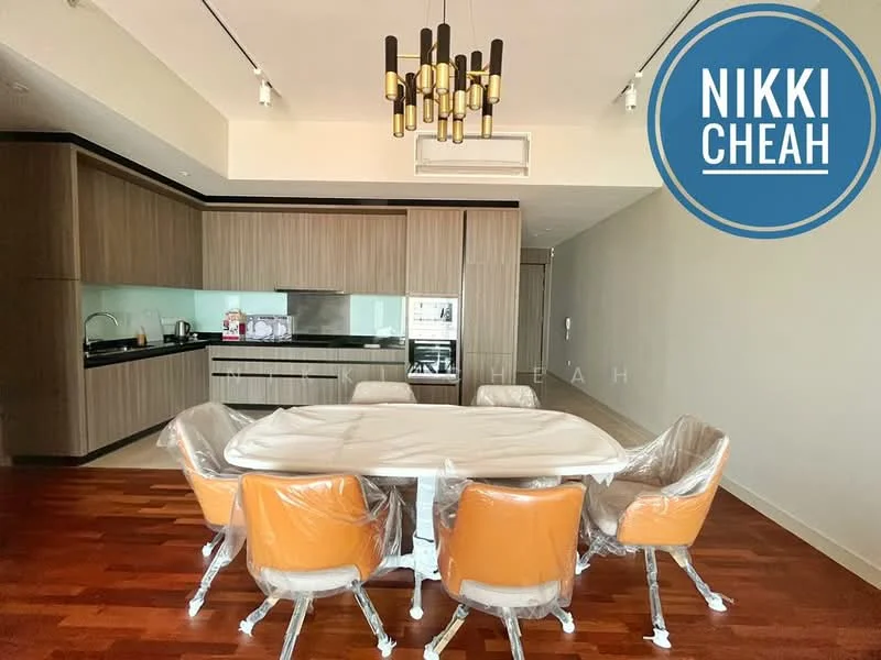 Dining features: 8-seater dining table, orange upholstered dining chairs, wooden flooring, chandelier light fixture, open-plan layout to kitchen, glass panel backsplash, built-in cabinetry, stainless-steel appliances; style: modern. Kitchen features: black cabinetry, glass-front upper cabinets, built-in oven, stainless-steel range hood, double-bowl stainless-steel sink, chrome pull-down faucet; style: modern.
