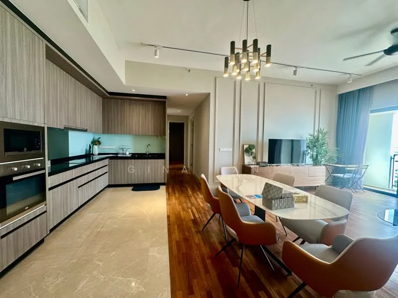 Kitchen features: grey cabinetry, black countertop, built-in oven, stainless-steel microwave, stainless-steel range oven, ceramic tile flooring, recessed downlights; style: modern. Dining features: 6-seater dining table, upholstered dining chairs, pendant light fixture, wooden flooring, floor-to-ceiling windows, decorative plant, wall-mounted TV; style: modern.