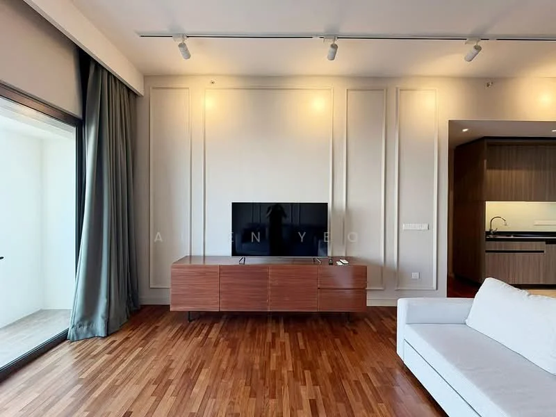 Living features: wooden flooring, white painted walls, recessed downlights, wall-mounted TV, wooden TV console, floor-to-ceiling windows, curtains, sofa in light color, open layout, decorative wall paneling; style: modern.