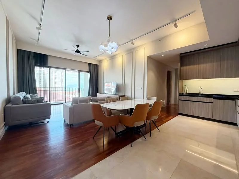 Dining features: 6-seater dining table, upholstered dining chairs, chandelier, wood flooring, floor-to-ceiling windows, city view, recessed downlights, open-plan layout; style: modern; view: city. Living features: 3-seater fabric sofa in light grey, 2-seater fabric sofa in light grey, ceiling fan, wall-mounted TV, wood flooring, floor-to-ceiling windows, city view, recessed downlights; style: modern; view: city.