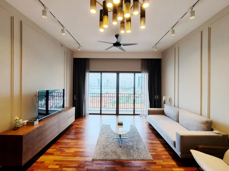 Living features: 3-seater fabric sofa in light grey, wooden coffee table, TV console with storage, wall-mounted TV, 5-blade ceiling fan with light, recessed LED downlights, wooden flooring, large sliding glass door, floor-to-ceiling windows, curtains, area rug with geometric pattern, decorative wall panels; style: modern; view: city.