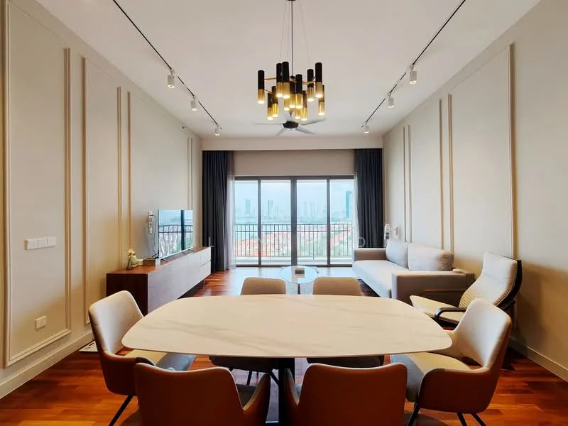 Living features: large floor-to-ceiling windows, city skyline view, wooden flooring, modern chandelier, 5-blade ceiling fan, grey fabric sofa, white marble dining table, upholstered dining chairs, TV console, decorative wall paneling, recessed lighting, neutral wall color; style: modern; view: city.