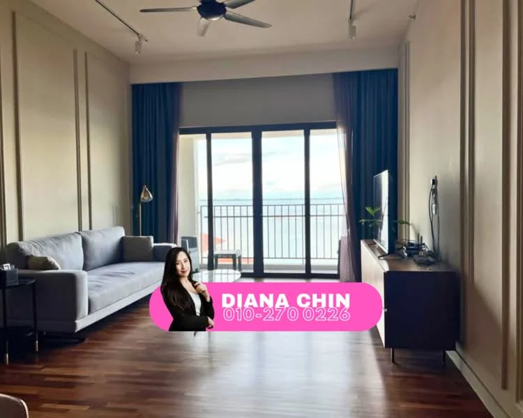 Living features: 3-seater fabric sofa in grey, wooden coffee table, TV console, wall-mounted TV, floor-to-ceiling windows, sliding glass door, wooden flooring, ceiling fan, curtains in blue, decorative wall paneling; style: modern; view: city.