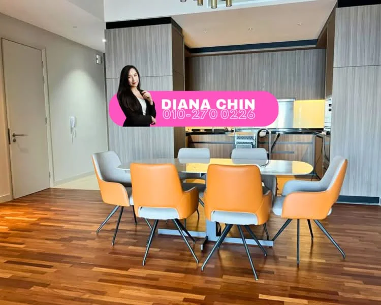 Dining features: wooden flooring, grey upholstered dining chairs, orange upholstered dining chairs, round dining table, modern pendant lighting, kitchen cabinetry in wood finish, stainless-steel appliances, open layout to kitchen; style: modern.
